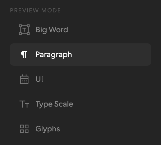font-proofer's Preview Mode menu, dark: Big Word, Paragraph chosen on a ground, UI, Type Scale, Glyphs