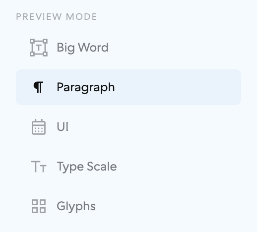 font-proofer's Preview Mode menu, light
